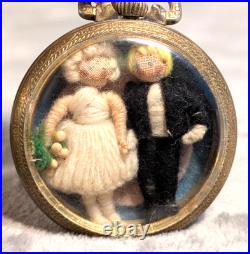 Antique Repurposed Pocket Watch Case Yarn Doll Wedding Miniature Glass Shadowbox