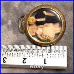 Antique Repurposed Pocket Watch Case Yarn Doll Wedding Miniature Glass Shadowbox