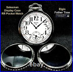 Antique SILVER PLATED Display Case Railroad Pocket Watch Elgin Father Time