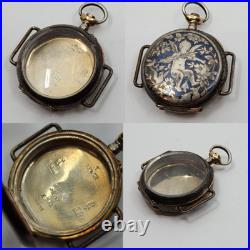 Antique Sterling Silver. 935 Pocket Watch CASE ONLY Enamel Angel back With XTAL