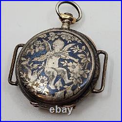 Antique Sterling Silver. 935 Pocket Watch CASE ONLY Enamel Angel back With XTAL