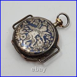 Antique Sterling Silver. 935 Pocket Watch CASE ONLY Enamel Angel back With XTAL