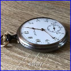 Antique Swiss Henry Moser &Cie open face pocket watch Gun metal case enamel dial