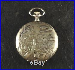 Antique Swiss Roundly Silver 0800 Pocket Watch Carved Case Ornate Scene Working