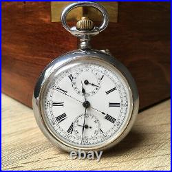 Antique Swiss pocket watch chronograph Leonidas Steel chromed case enamel dial