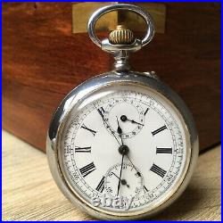Antique Swiss pocket watch chronograph Leonidas Steel chromed case enamel dial