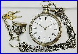 Antique Verge Fusee London Sterling Silver Pair Case Pocket watch with Chain & Fob
