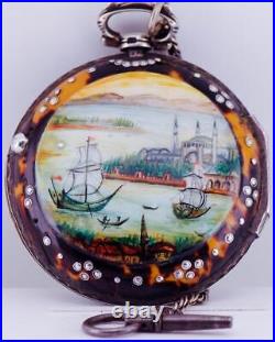 Antique Verge Fusee Triple Case Edward Prior Pocket Watch Painted Enamel-Ottoman