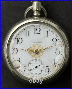 Antique WALTHAM Open Face Pocket Watch 30s (55mm) Silver Case White Ceramic Dial