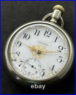 Antique WALTHAM Open Face Pocket Watch 30s (55mm) Silver Case White Ceramic Dial