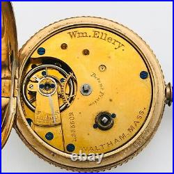 Antique Waltham 7J 8s Grade Wm. Ellery Pocket Watch 9k Solid Gold DAMAGED CASE