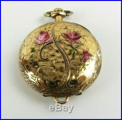 Antique plojoux geneve Swiss watch 14k case with enamel floral motif running