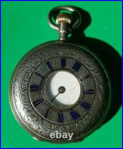Antique sterling pocket watch case hunter blue numerals d. F & c