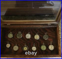 Antq&Vntg Pocket Watch Collec. Lot 11 inHandmade Display Case 10Wx7Lx4D/Read