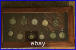 Antq&Vntg Pocket Watch Collec. Lot 11 inHandmade Display Case 10Wx7Lx4D/Read
