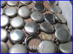 Approx 40 partial 16 size silveroid pocket watch cases. Mostly for US watches/