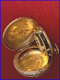 BEAUTIFUL 1800's FRENCH FUZEE KEY WIND LADIES ENAMELED WITH PEARLS GOLD CASE
