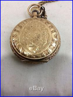Beautiful Antique Solid 14K Gold Elgin Hunter Case Pocket Watch with 14K Chain