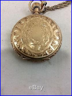 Beautiful Antique Solid 14K Gold Elgin Hunter Case Pocket Watch with 14K Chain