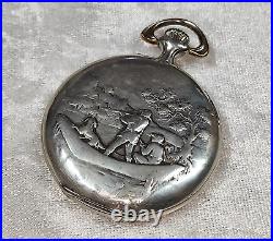 Beautiful Grana Antique Silver Pocket Watch With Relief Case With Hunting Scene
