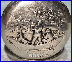 Beautiful Grana Antique Silver Pocket Watch With Relief Case With Hunting Scene
