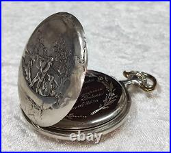 Beautiful Grana Antique Silver Pocket Watch With Relief Case With Hunting Scene