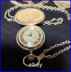 Bullova Caravelle Full Hunter Manual Pocket Watch with Chain Vintage Gold Tone