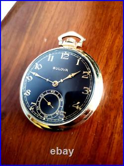 Bulova Pocket Watch Original Black Dial Gold Plate Case And Servcied 1945