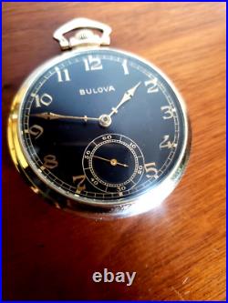 Bulova Pocket Watch Original Black Dial Gold Plate Case And Servcied 1945