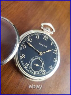 Bulova Pocket Watch Original Black Dial Gold Plate Case And Servcied 1945