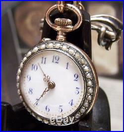 C1910 SOLID. 935 SILVER & ENAMELED CASE BACK SEED PEARL BROOCH WATCH SERVICED
