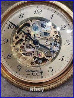 Caravelle Skeleton Pocket Watch Hunter Case Swiss Made Runs