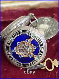 Chinese Duplex Escapement Inlaid Stone Silver Hunting Case Key Wind Pocket Watch