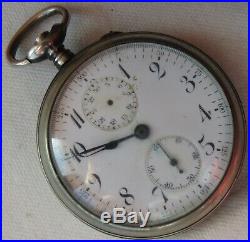 Chronograph Pocket Watch open face silver case enamel dial balance Ok