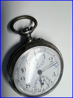 Chronograph pocket watch open face silver 0.800 case 50.8 mm sell as part