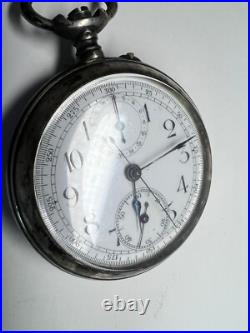 Chronograph pocket watch open face silver 0.800 case 50.8 mm sell as part
