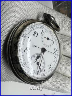 Chronograph pocket watch open face silver 0.800 case 50.8 mm sell as part