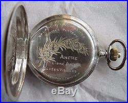 Chronograph pocket watch open face silver case enamel dial 50 mm. In diameter