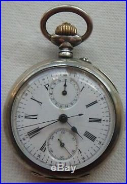 Chronograph pocket watch open face silver case work need service