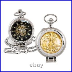 Coin Pocket Watch Skeleton Quartz Movement Silver Walking Liberty Half