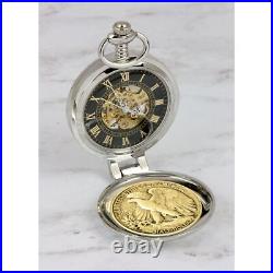 Coin Pocket Watch Skeleton Quartz Movement Silver Walking Liberty Half