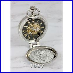 Coin Pocket Watch with Skeleton Quartz Movement 1964 Silver JFK Half Dollar