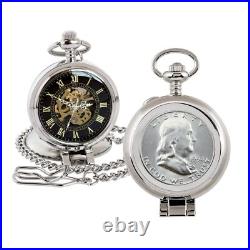 Coin Pocket Watch with Skeleton Quartz Movement Silver Franklin Half Dollar