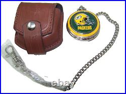 Danbury Mint Green Bay Packers NFL Pocket Watch with Chain Pocket Leather Case New
