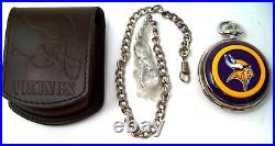 Danbury Mint Minnesota Vikings NFL Pocket Watch with Chain Pocket Leather Case New