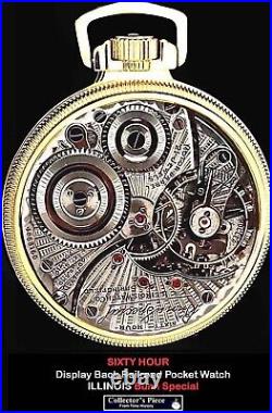 Display Back Gold Plated Case SIXTY HOUR Pocket Watch ILLINOIS Bunn Special