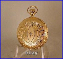 ELGIN 17j 14k SOLID GOLD WITH DIAMOND HUNTER CASE FANCY DIAL POCKET WATCH