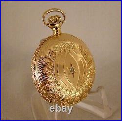 ELGIN 17j 14k SOLID GOLD WITH DIAMOND HUNTER CASE FANCY DIAL POCKET WATCH