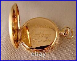 ELGIN 17j 14k SOLID GOLD WITH DIAMOND HUNTER CASE FANCY DIAL POCKET WATCH