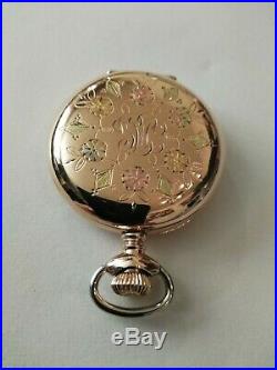 Elgin 0S. 15 jewel mint fancy dial (1910) 14K. Multi-color Diamond Hunter Case